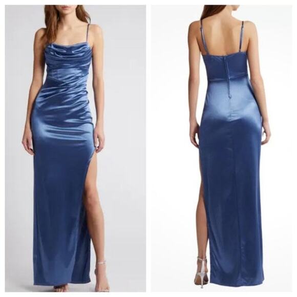 Love Nicki’s Lew Ruched Side Slit Midi Satin Gown in Blue - Medium - Picture 1 of 1